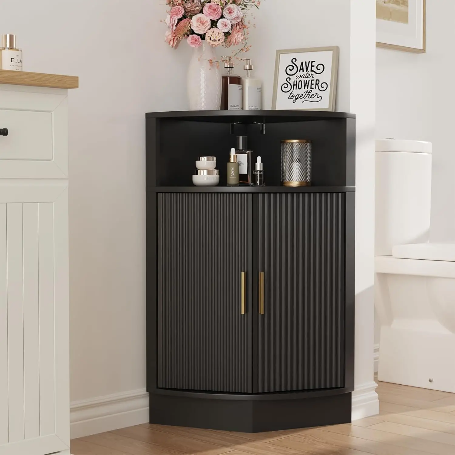 

Modern Black Corner Cabinet with Fluted Door & Open Shelf Space Saver for Living Room Kitchen Bathroom, Customized