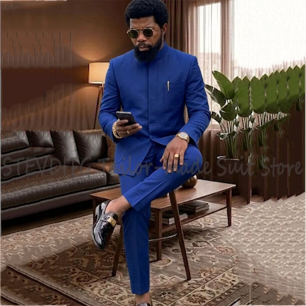 Vintage Stand Collar Men Two Piece Suit Slim Solid Color African Wedding Groom Business Dinner Party Formal Traje Hombre