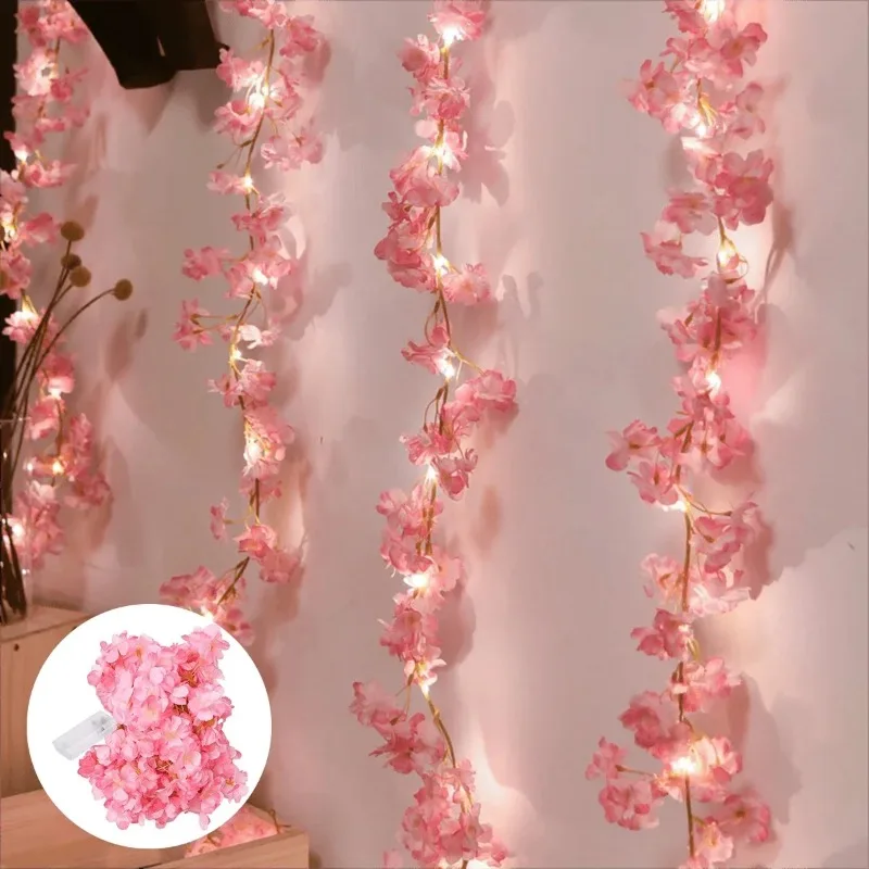 2M 20LED Cherry Blossom String Light Garland Artificial Flower Vines Fairy Lights for Bedroom Wedding Party Holiday Decoration