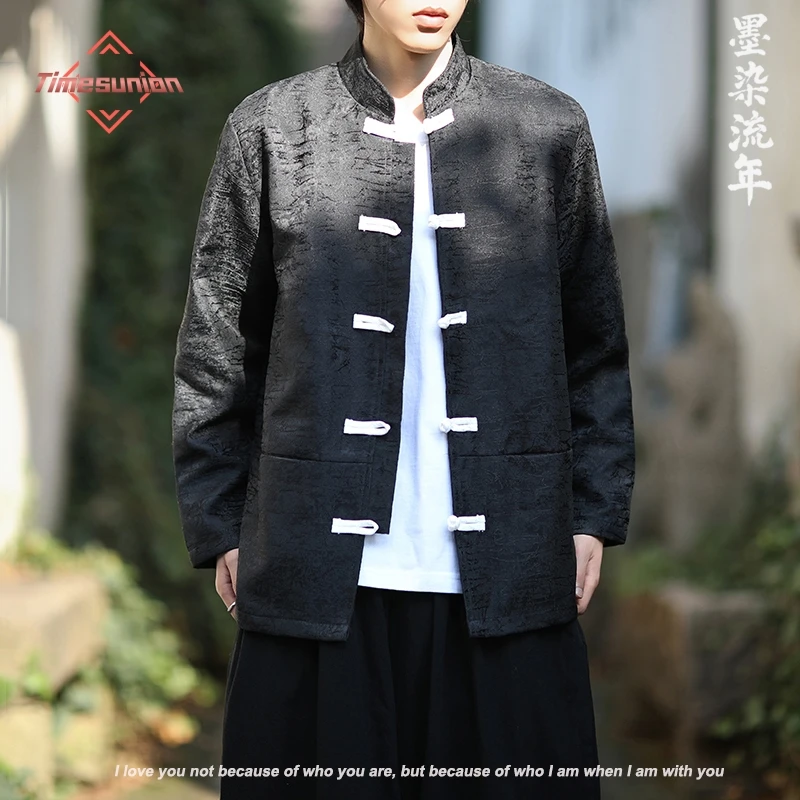 

Чёрные белые китайские куртки Man Tang костюм вершины весна осень длинные рукава кунг-фу пальто китайская традиционная свадебная одежда