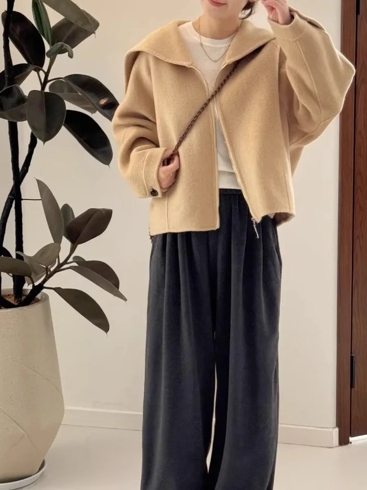 معطف صوفي كحلي للسيدات ort Sle بياقة عالية فضفاض مناسب للشتاء Faion Commute Wind Thiened طويل Sve سحاب لون نقي #3