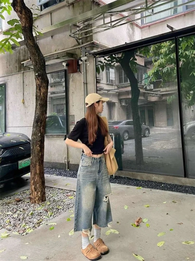 Summer Women's Fringe Hole Design Wide-leg Denim Shorts Retro Streetwear Unisex Calf-length Pant Female High Waist Half Trousers
