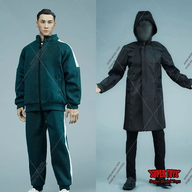 

1/6 Scale Male/Female Games Soldier One-piece Bodysuit Blue Sportswear Set Black Windbreaker Costume Coat for 12'' Action Figure