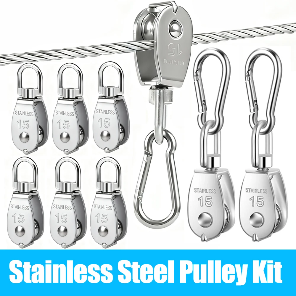 304 Stainless Steel M15 Single Pulley Block Wire Rope Hanging Wire Towing Wheel with Spring Snap Hook with 360° Rotation