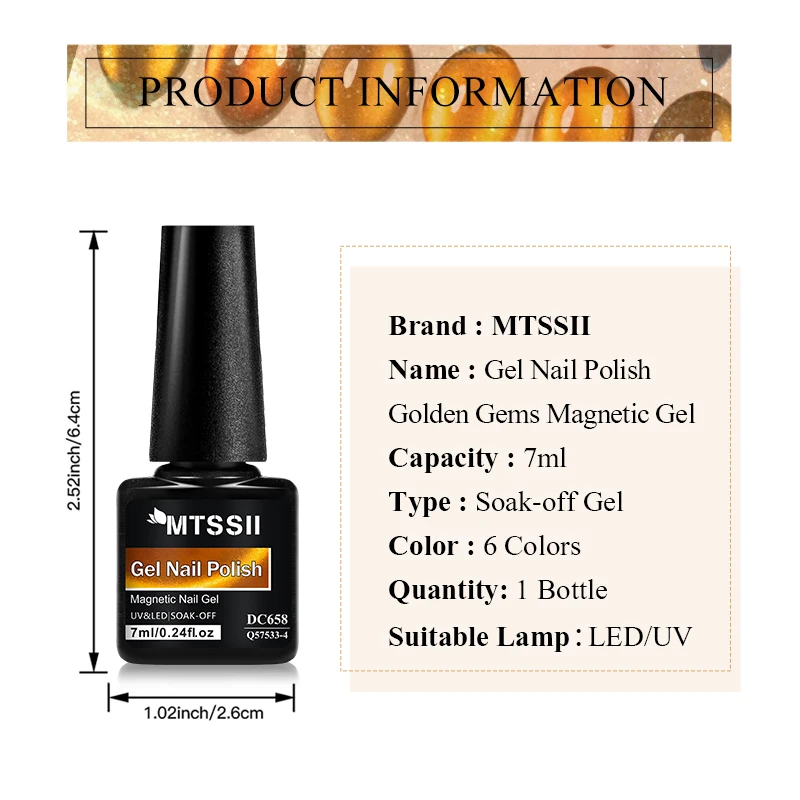 Mtssii 7ml Golden Gems Cat Magnetic Nail Polish Golden Gems Cat Eye Gel Effect Soak Off Semi-Permanent Varnish Manicure