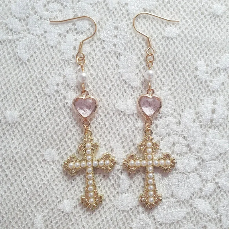 Pearl Cross Heart Earrings Vintage Style Grunge Unique Faerie Goth Fairy Earrings