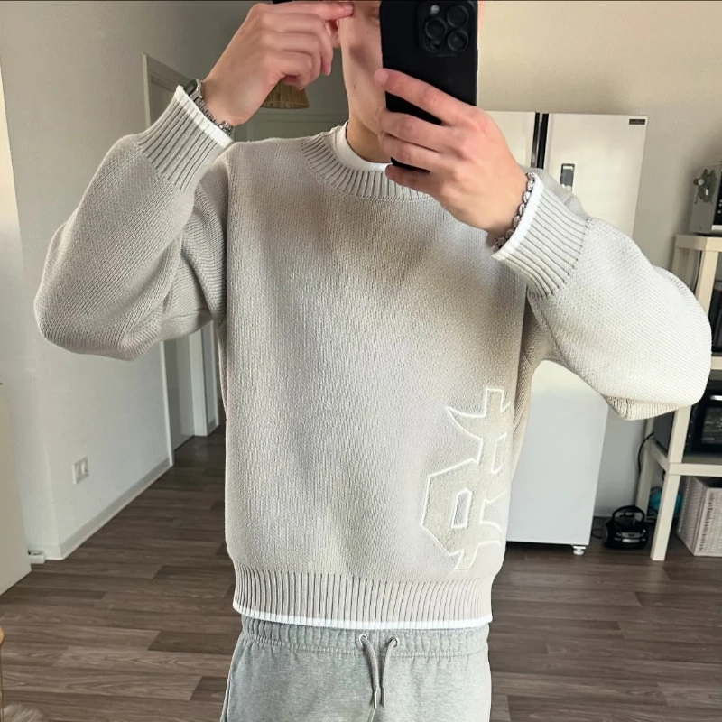 Y2K جولة الرقبة رمادي محبوك سترة جديدة شعبية رمز نمط الرجعية Harajuku البلوز الخريف الشتاء الدافئة Boxy ملابس للرجال