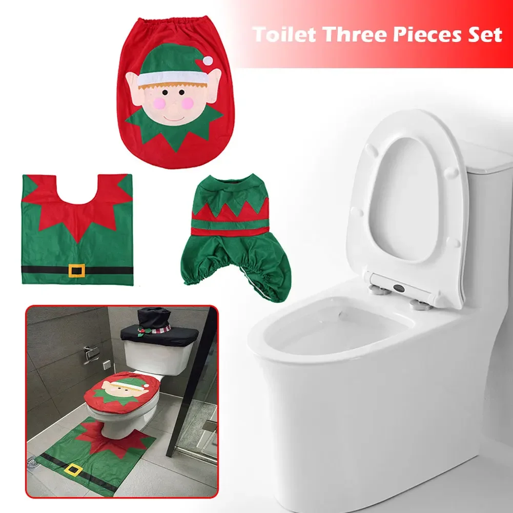 3Pcs Toilet Seat Cover & Rug Set Festival Theme Christmas Xmas Toilet Seat Cover Set Home Bathroom Product New Year Decoration