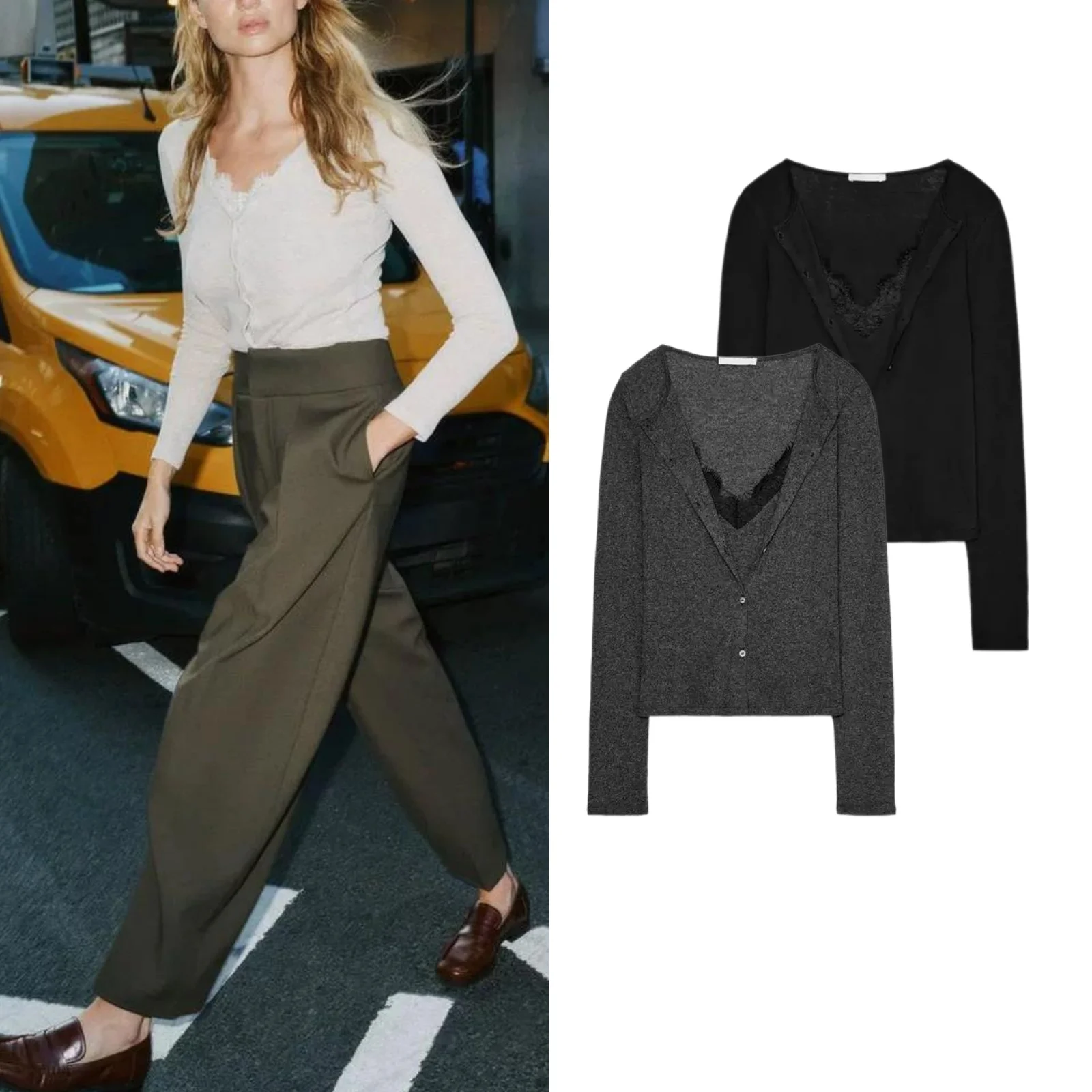 Autumn New Arrival Women's Lazy Style Single Button round Neck Long Sleeve Lace Patchwork Jacket Top Loose Fit Cotton Polyester