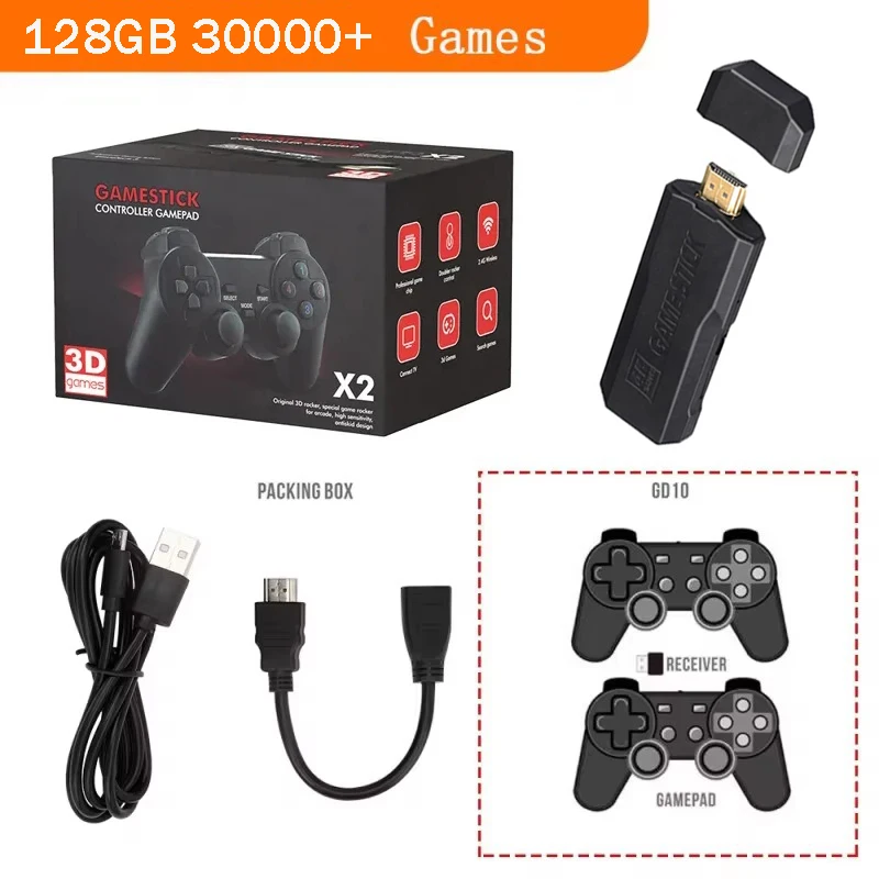 X2 Game Stick Portable Game Console with Dual Handle 4K Gd10 Output HD 4K TV WiFi 2.4G 128GB 40000 Games PK M8 Stick