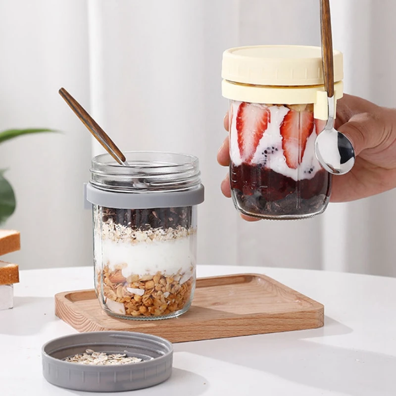 4Pack Overnight Oats Jar Glass With Lids And Spoons, Reusable Glass Overnight Oats Container With Measurement Marks