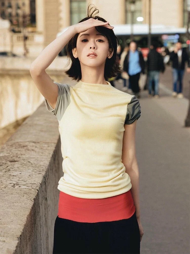 

Chen Duling Color Block T-Shirt Women's Elegant Design High Collar Short Sleeve Base Shirt Top Casual Style Skin Friendly Bre...