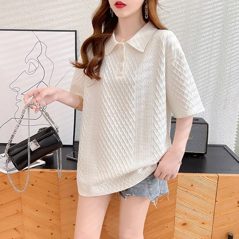 Fashion Lapel Solid Color Short Sleeve Casual Polo Shirts Female Clothing 2024 Summer New Loose All-match Tops Korean Tee Shirt