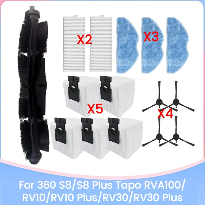 【Berserk】15PCS For 360 S8/S8 Plus Tapo RVA100/RV10/RV10 Plus/RV30/RV30 Plus Accessories Kit Brush Filter Dust Bag Mop Cloth