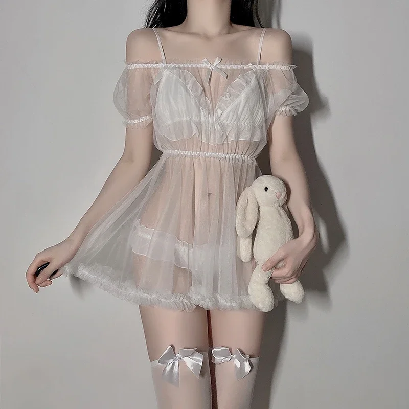 Lingerie de babydoll com renda Kawaii feminina, conjunto de pijamas, ombro a ombro, tentação de tule, vestido de ver através, trajes cosplay eróticos