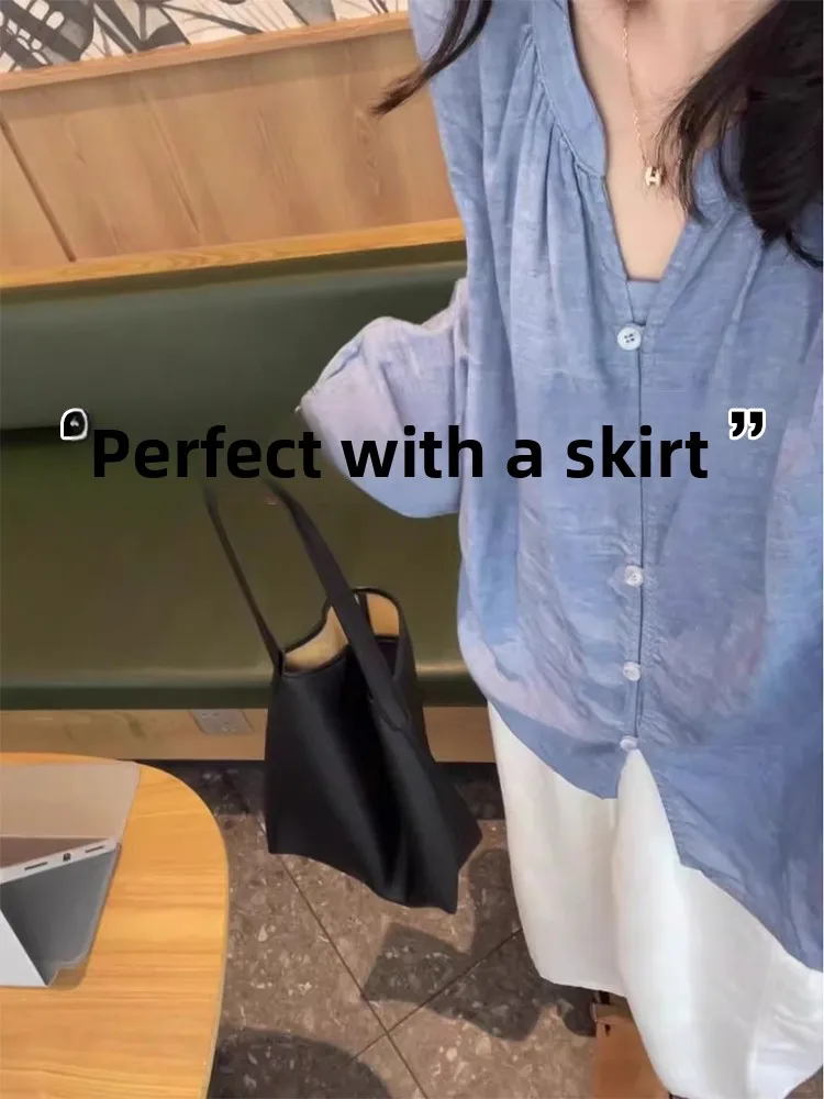 

Синяя шелковая свободная легкая рубашка с V-образным вырезом для защиты от солнца, женская летняя повседневная верхняя одежда, кардиган с открытым передом