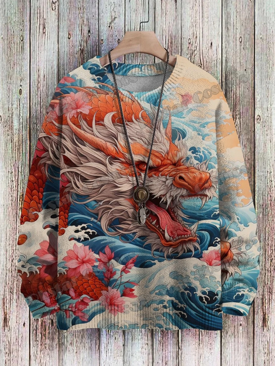 PLstar Cosmos Retro Dragon & Deer Art Pattern 3D Printed Mens Knitted Pullover Winter Unisex Casual Knit Pullover Sweater ZZM118