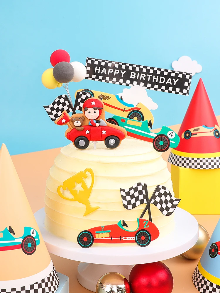 Cake Decoration Racing Theme Sports Car Boy Happy Birthday Cake Topper Baby Shower 1 Year Birthday Party Supplies Children's Day