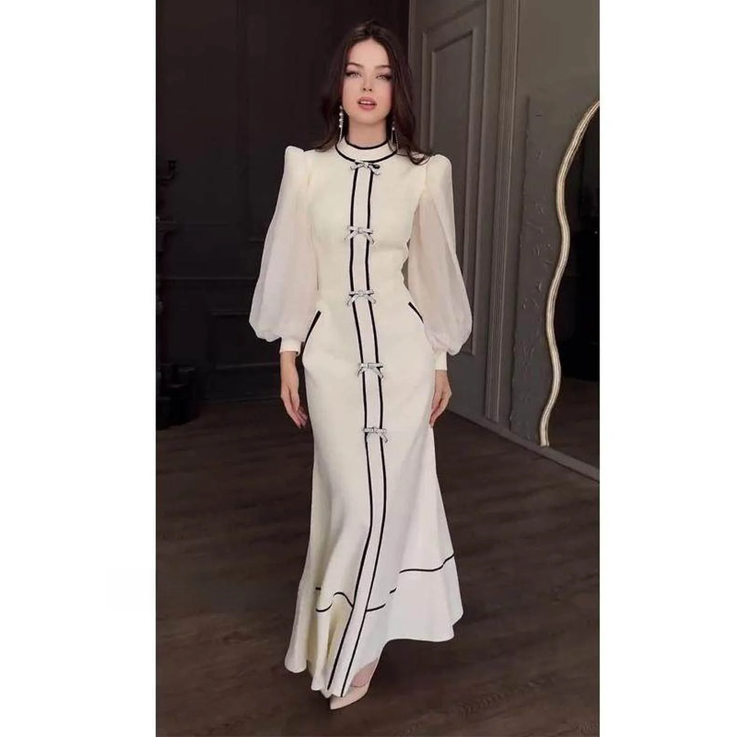 

plus Size Bow Tie Bla White Splicing Long f Turtlene Dr Ele Ci Walk Suitable for Spring Season