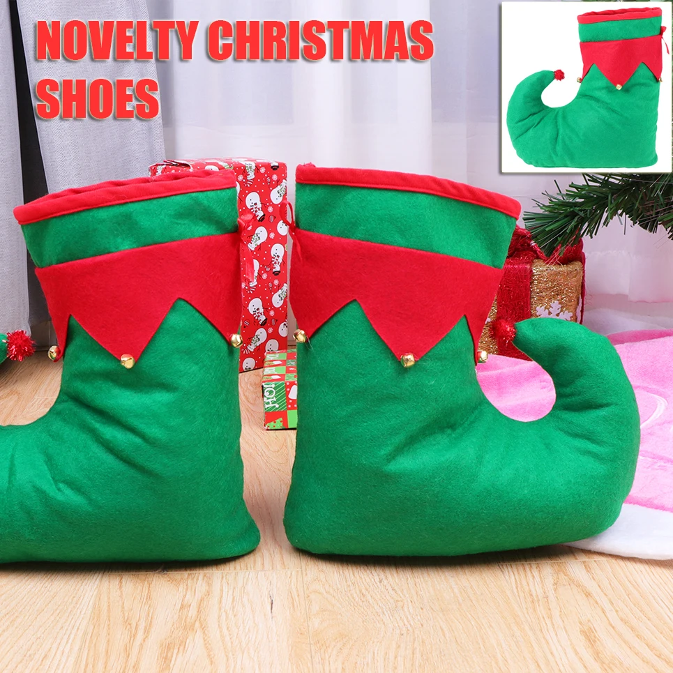 Zapatos de elfo de Navidad rojo y verde con campanas para mujer, accesorios festivos para disfraz de fiesta, regalos de vacaciones, accesorios para zapatos