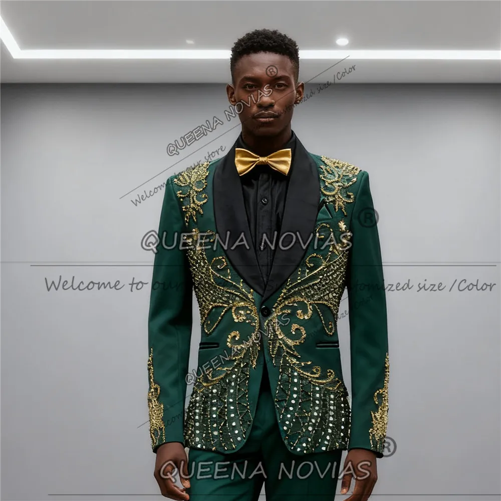 

Блестящий золотой костюм с кристаллами из бисера, мужской костюм на свадьбу, черная шаль с этикеткой, пиджаки для выпускного вечера, индивидуальный мужской банкетный смокинг для жениха, облегающий крой