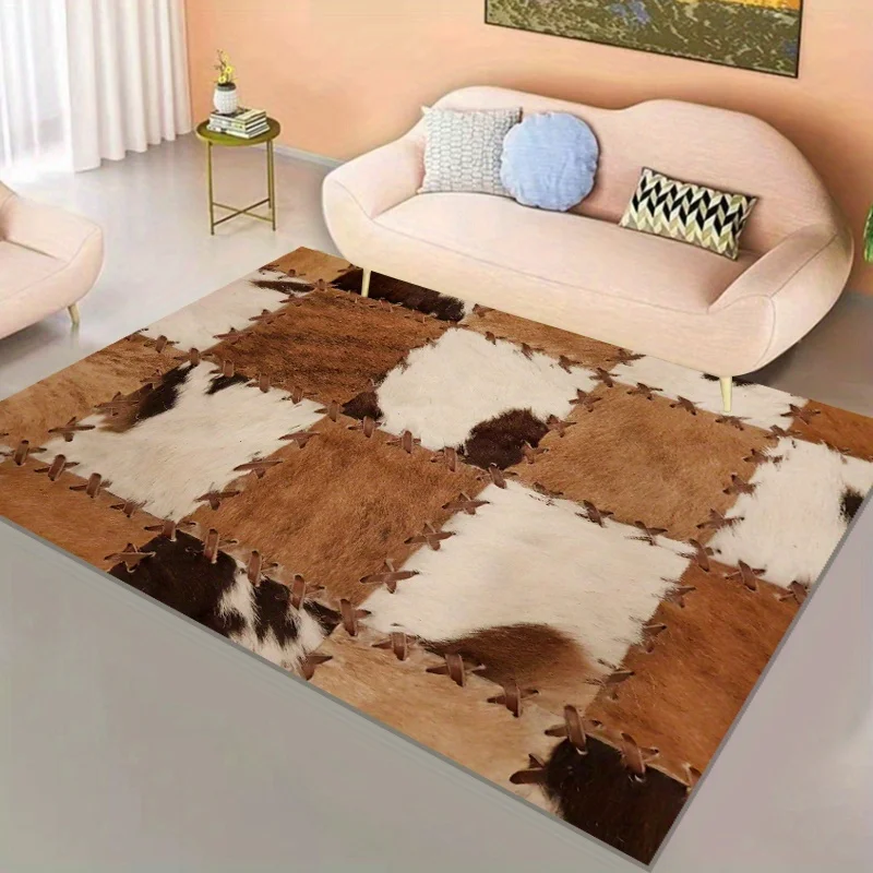 Cow Fur Spots Pattern Rug  Cowhide Patchwork Print Carpet Upholstery Estern Cowboy Style  Living Room Floor Mat for Sofa Porch