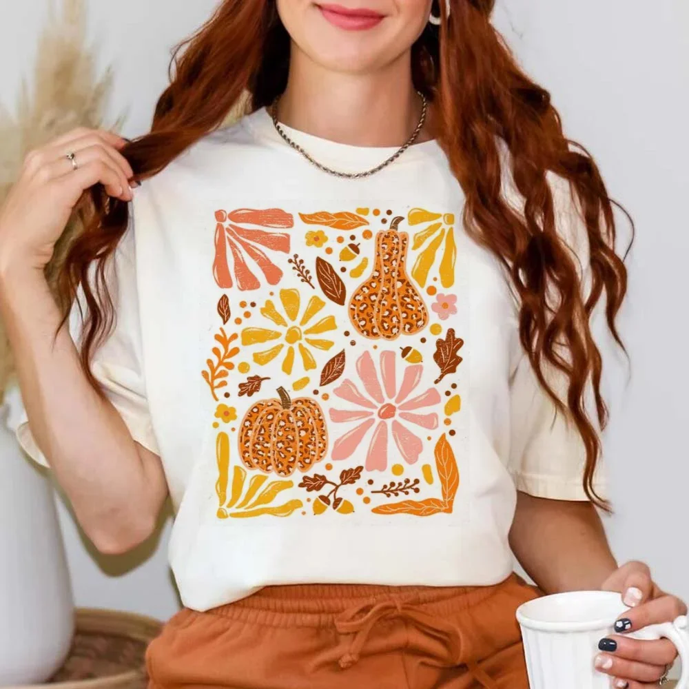 Harajuku 90s Cute Sweet Clothing Short Sleeve T-Shirt Women's Printed Top Fashion Pumpkin Printed Pattern Women's Art T-Shirt