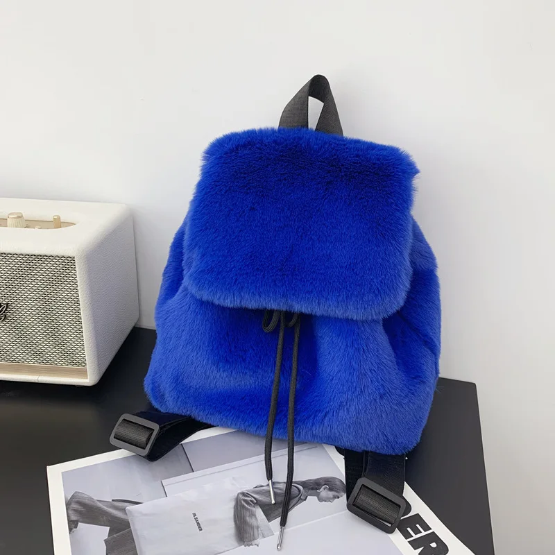 Women Travel Shoulder Bags Plush Backpack Faux Fur Leopard Women Backpack Solid Soft Fleece Knapsack Harajuku Style