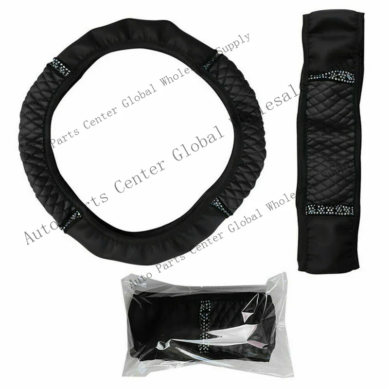 L+ Breathable PU Leather Diamond Car Steering Wheel Cover Accessories For 15,039;,039;/38cm 3