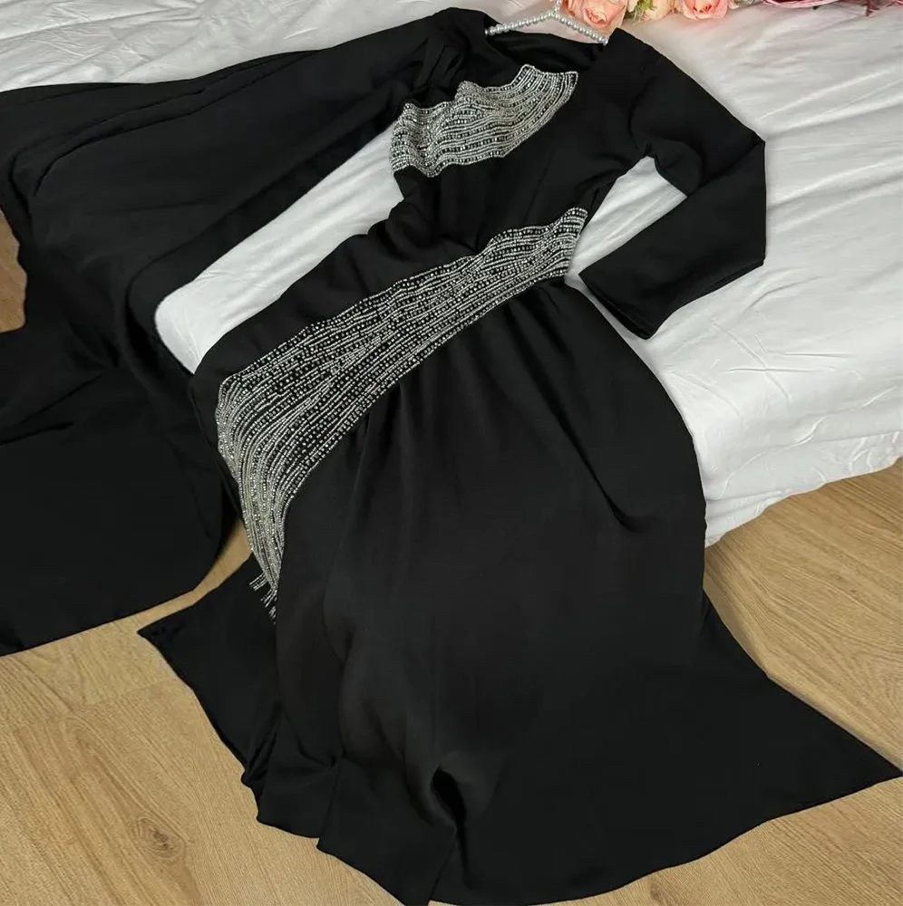 Vestido de noite até o chão, gola redonda, mangas compridas, cristal, linha a, pregas, tamanho personalizado, foto, cor, elegante e de alta qualidade