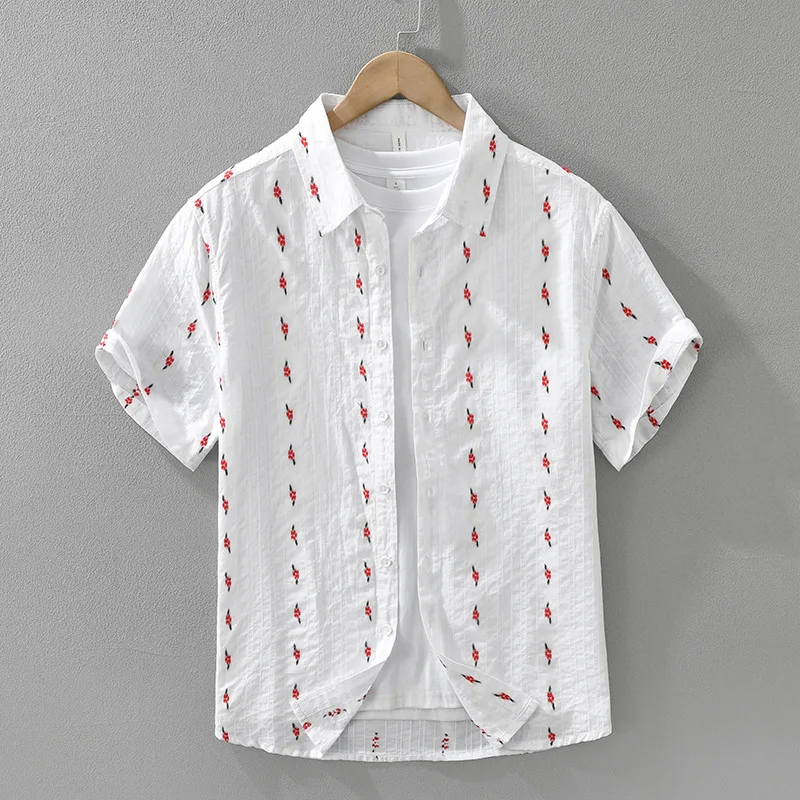 

8197 Print Casual Short Sleeve Shirt Men Loose Fit Fashionable 100% Cotton Top Camisa Casual Hombre Chemise Homme TS-984