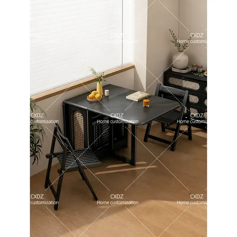 Black Rectangular Solid Wood Rock Slab Folding Dining Table Retractable Small Apartment Household Light Luxury Invisible