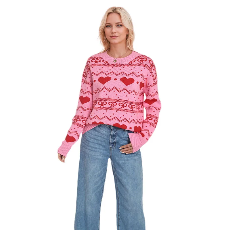 2025 New Fashion Printed Round Neck Knitted Sweater Women In Winter Casual Loose Christmas Love Long Sleeve Top For Women