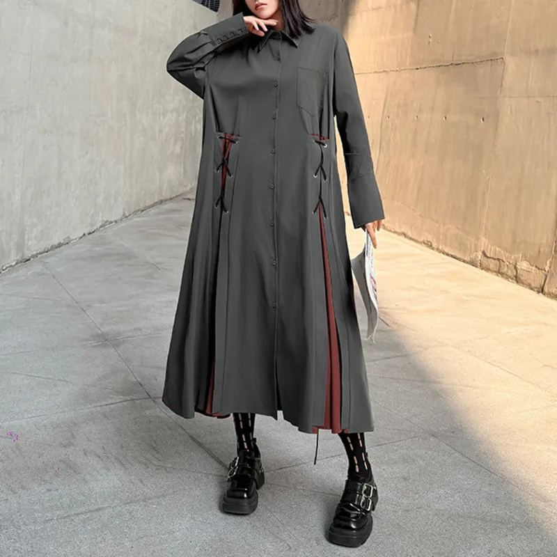 Sukienka koszulowa damska HKSH na wiosnę i jesień, blok kolorów, zapinana na guziki, długi rękaw, elegancka, modna, codzienna, oversize, model HK17317