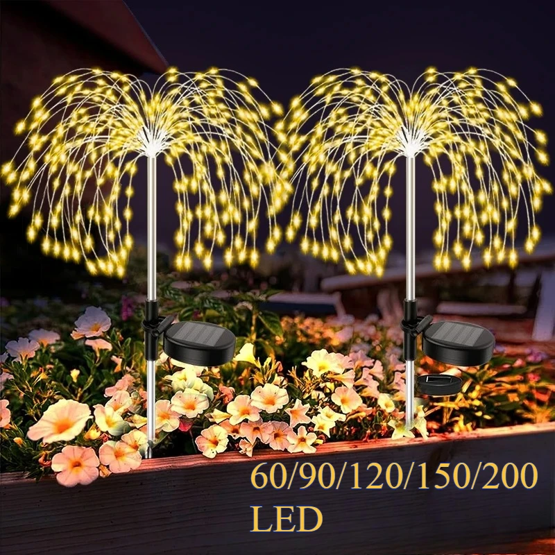 Solar Firework Lights 60/90/120/150/200 LED Outdoor Garden Decor Waterproof Wire Flower Lamp for Landscape Patio Pathway Yard