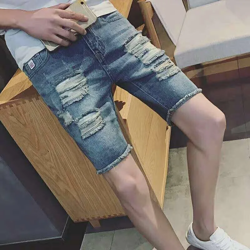 Pantalones cortos de mezclilla desgastados de verano para hombre, estilo coreano, holgados, con rotos, tipo Bermuda, informales, para streetwear