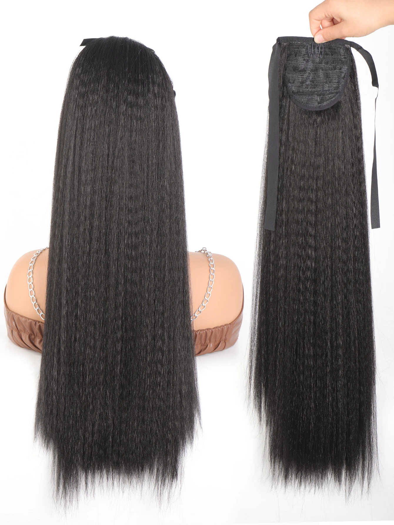 Synthetic Long Straight Ponytail for Women 28 Inches Wrap Strap Yaki Straight Pony Tail Clip in Thick Kinky hair Extension hair