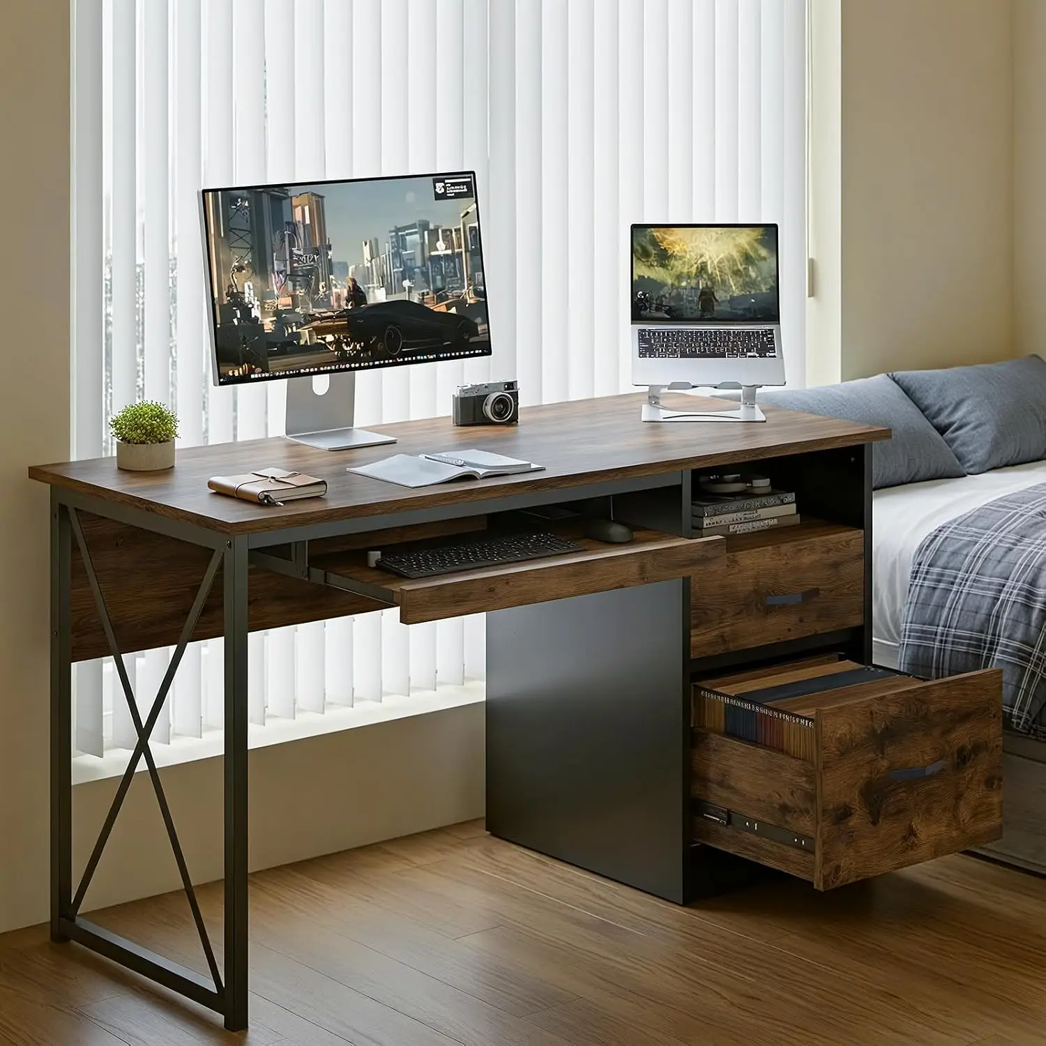 Industrial Computer Desk with Drawers Storage Keyboard Tray File Drawer 55 Inch Wood Home Office Rustic Brown, Customized
