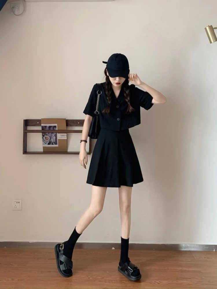 New Summer Korean Style Temperament Set Short Top Loose Small Suit Set High Waist Pleated Skirt College Style Two-piece Set