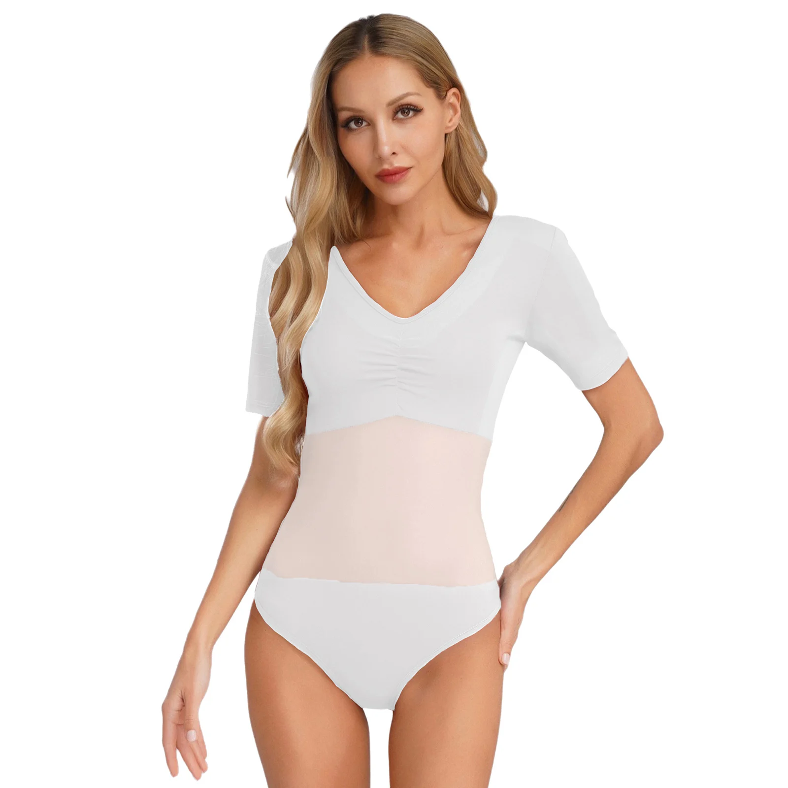 

Women Dance Leotards Gymnastic Classical Ballet Ballerina Training Bodysuit Short Sleeve Mesh Spliced Button Crotch Jumpsuit