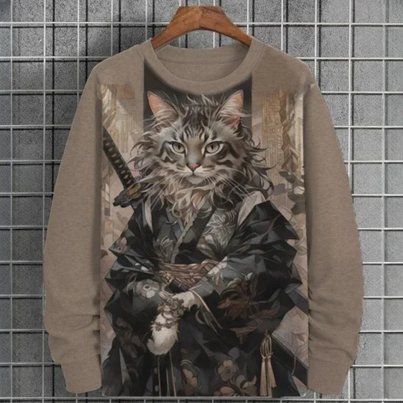 Men's Vintage Hoodie Sweater Pullover 3d Warrior Cat Print Long Sleeve T-shirt Tops Autumn Fashion Oversized Menswear