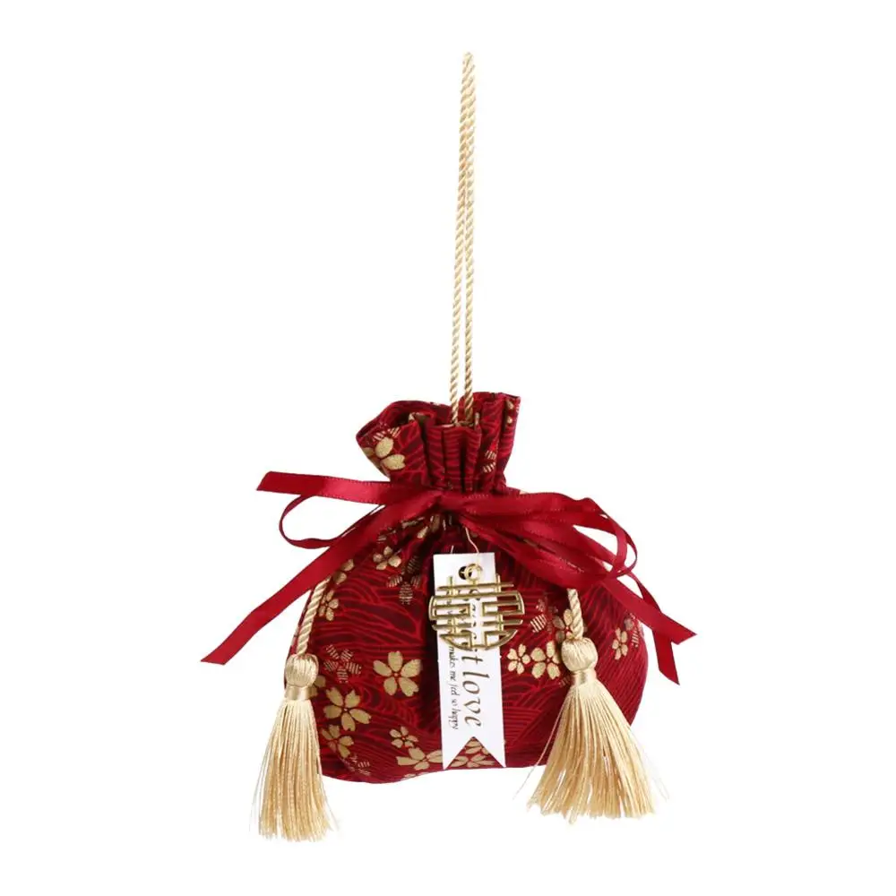 Sakura Canvas Flower Drawstring Bag Stripe Satin Bow Ribbon Bow Wrist Bag Korean Style Storage Bag Bowknot Floral Tassel Handbag
