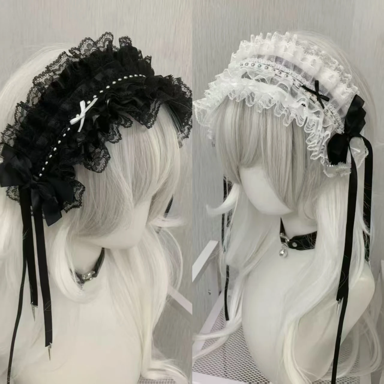 Gothic Black White Lace Headband Bow Hairband Lolita Headwear Harajuku for Women Masquerade Cosplay Party Accessories