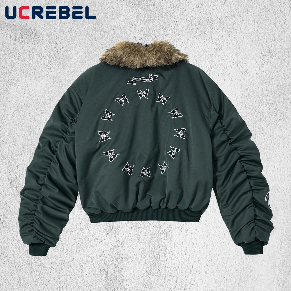 

Butterfly Embroidery Padded Jacket Mens Winter Hip Hop Streetwear Fur Collar Pleated sleeves Thick Outerwear Man