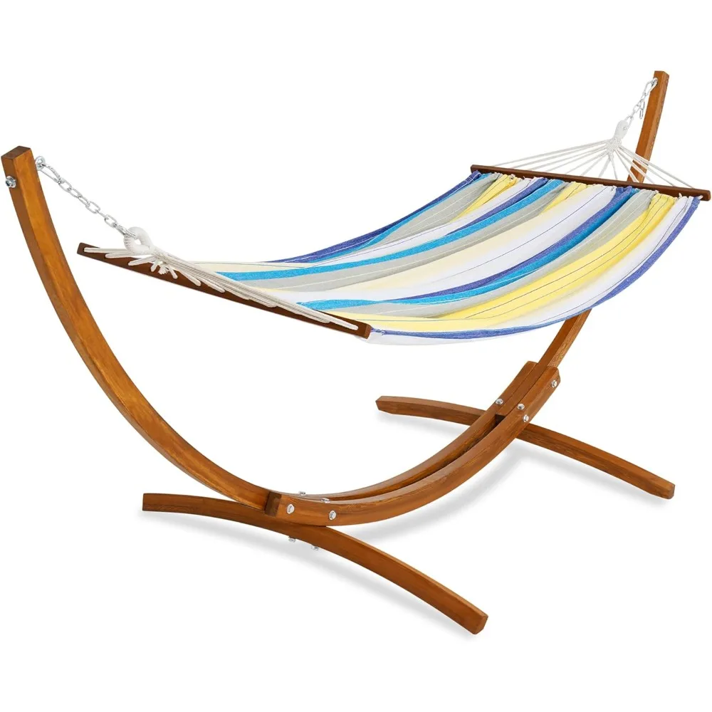

Cotton Fabric Spreader Bar Hammock and 10.5 Ft Wood Arc Hammock Stand Combo, for Outdoor, Indoor, Patio, Backyard, Blue and Gre