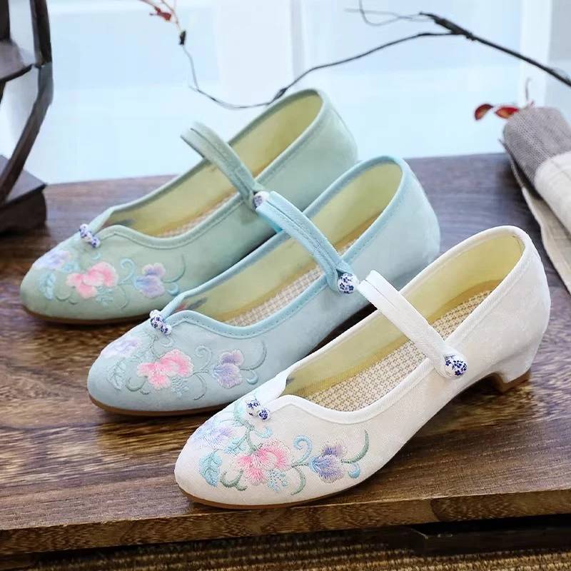 2026 Women's Beige/Blue-Green Floral Embroidery Mary Jane Heels Soft Sole Hanfu Shoes Spring Summer Traditional Shoes Q-809