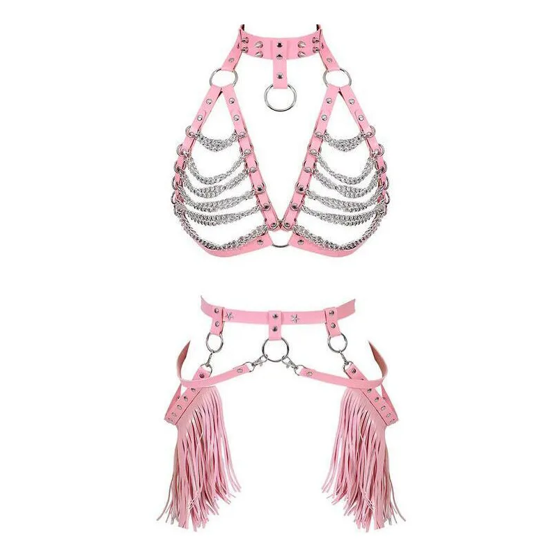 

Pesenar Sexy Accessories Set Pink Iron Chain Tassel Combination Leather Necklace Chest Chain Combination