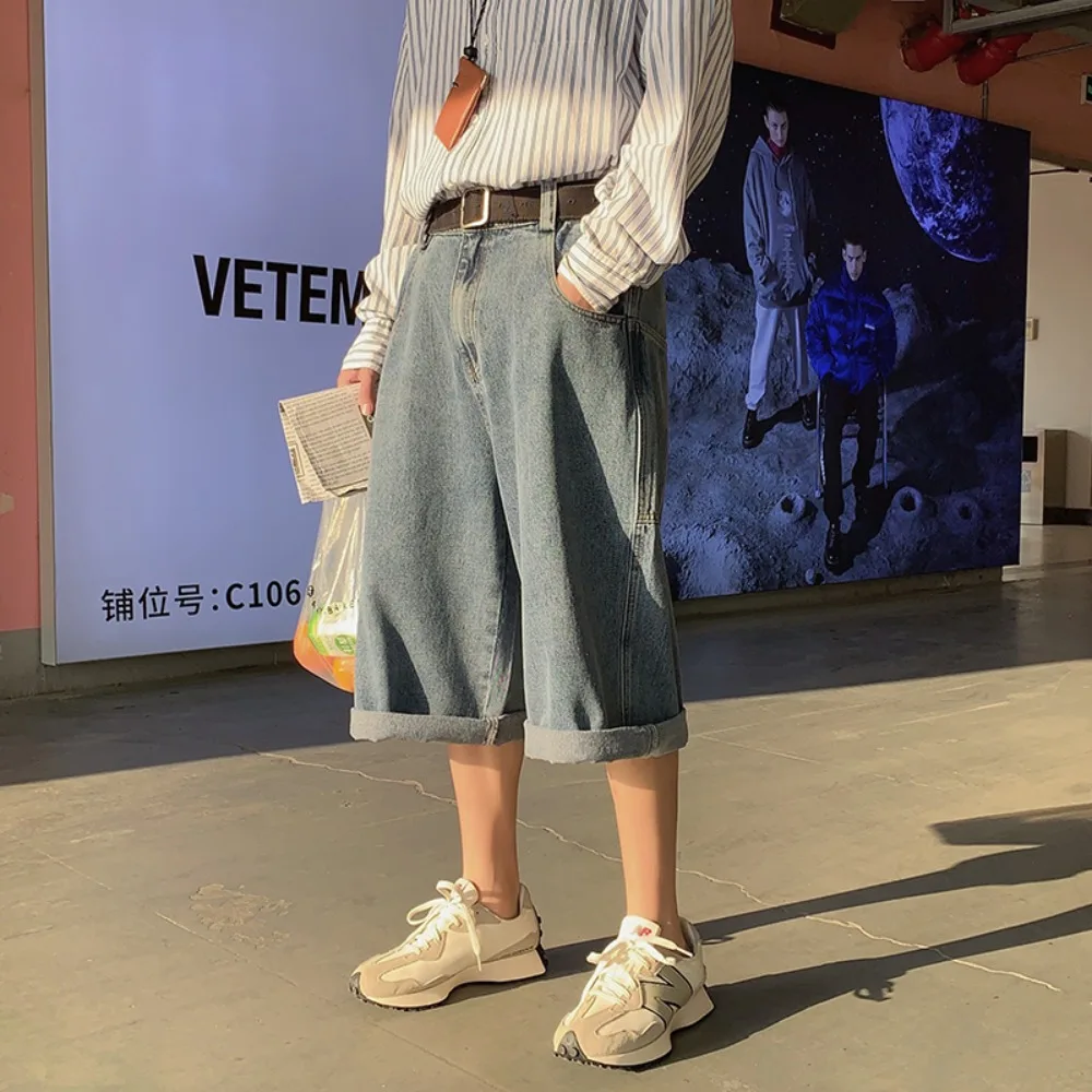 Shorts Men Baggy Simple Harajuku Denim Large Pockets Vintage High Waist Wide Leg Students Chic Slouchy Korean Style New Arrival