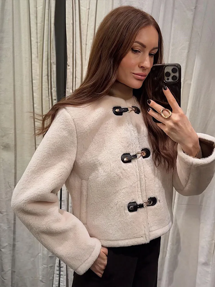 HH المرأة الشتاء موضة الصلبة الدافئة على الوجهين سترة مع عقدة مشبك فو الفراء الديكور الشارع الشهير عادية سليم معطف قصير #4