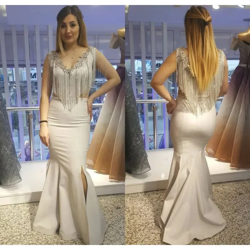 Customized Elegant Tassel Prom Dresses V Neck Sleeveless Satin Mermaid Evening Gowns Floor Length Saudi Arabia Special Dress